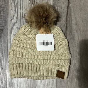 C.C Beige Knit Beanie with Faux Fur Pom